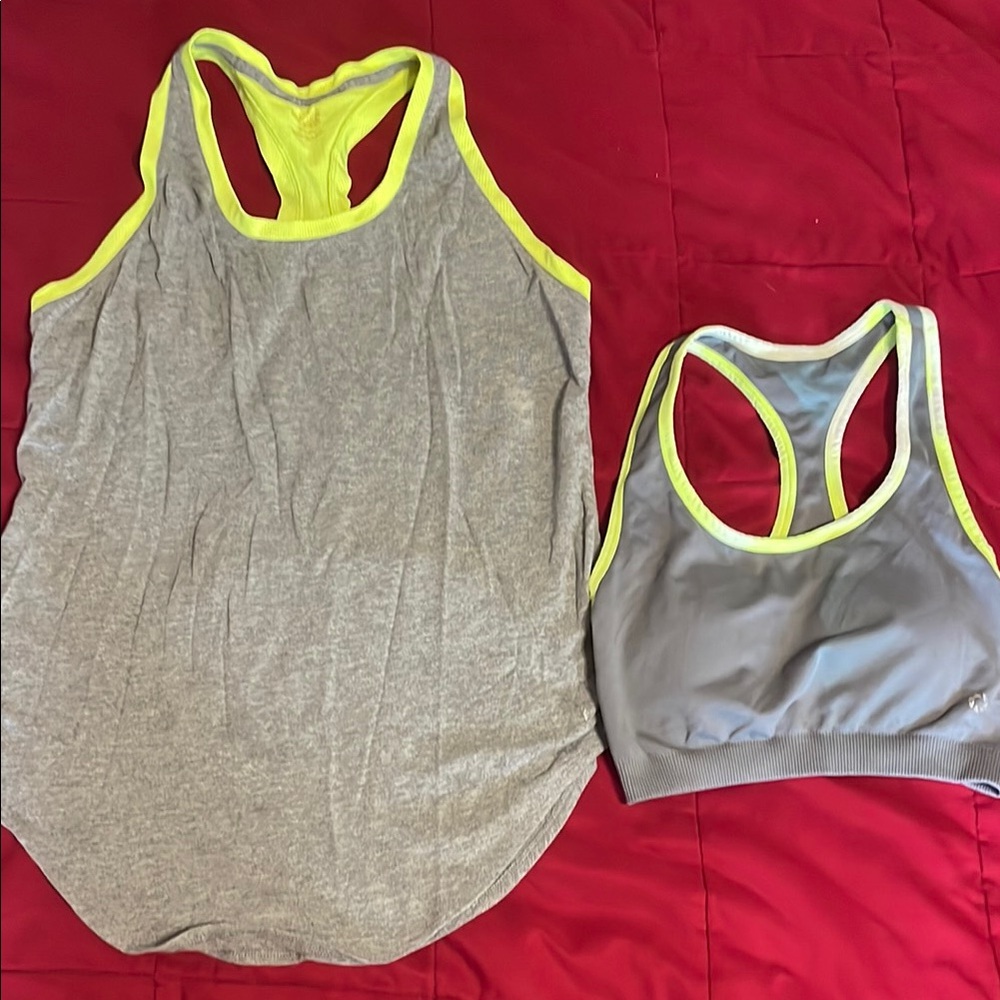 Gray and Yellow Nikibiki Sports Bra and Danskin Now Tank Top Athletic Style